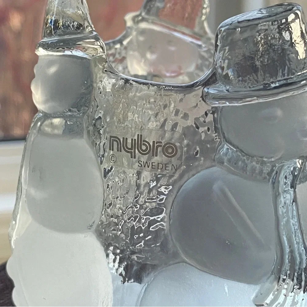 Nybro Sweden Crystal Glass Snowman Christmas Candle Holder Votive Tea Light